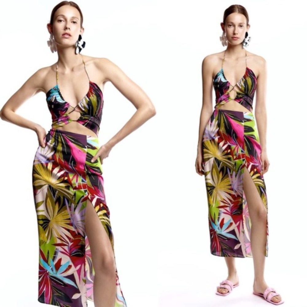 Zara Tropical Print Cut Out Dress
